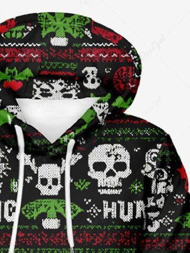 Gothic Plus Size Christmas Snowman Skulls Bat Print Drawstring Pockets Hoodie For Men