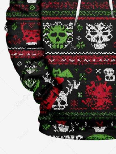 Gothic Plus Size Christmas Snowman Skulls Bat Print Drawstring Pockets Hoodie For Men