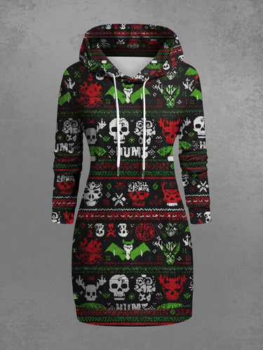 Gothic Plus Size Christmas Snowman Skulls Bat Print Drawstring Pockets Hoodie