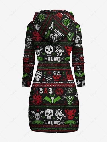 Gothic Plus Size Christmas Snowman Skulls Bat Print Drawstring Pockets Hoodie