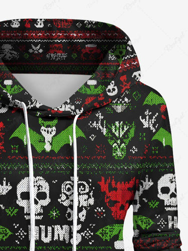 Gothic Plus Size Christmas Snowman Skulls Bat Print Drawstring Pockets Hoodie