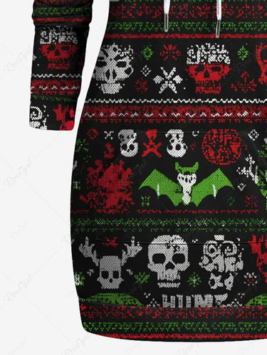 Gothic Plus Size Christmas Snowman Skulls Bat Print Drawstring Pockets Hoodie