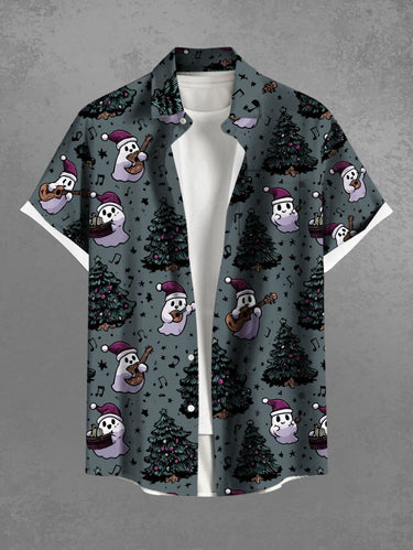 Gothic Plus Size Christmas Tree Hat Ghost Guitar Print Buttons Pocket Shirt For Men