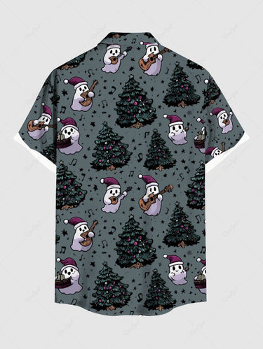 Gothic Plus Size Christmas Tree Hat Ghost Guitar Print Buttons Pocket Shirt For Men