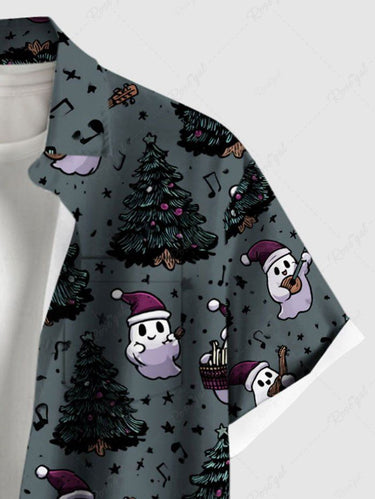 Gothic Plus Size Christmas Tree Hat Ghost Guitar Print Buttons Pocket Shirt For Men