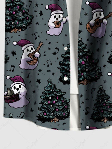 Gothic Plus Size Christmas Tree Hat Ghost Guitar Print Buttons Pocket Shirt For Men