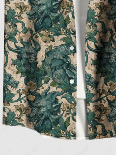Gothic Plus Size Dragon Flowers Leaf Print Buttons Pocket Shirt For Men
