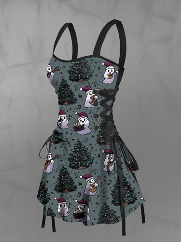 Gothic Christmas Tree Hat Ghost Guitar Print Lace Up Tank Dress