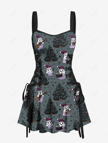 Gothic Christmas Tree Hat Ghost Guitar Print Lace Up Tank Dress
