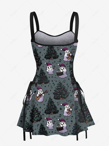 Gothic Christmas Tree Hat Ghost Guitar Print Lace Up Tank Dress