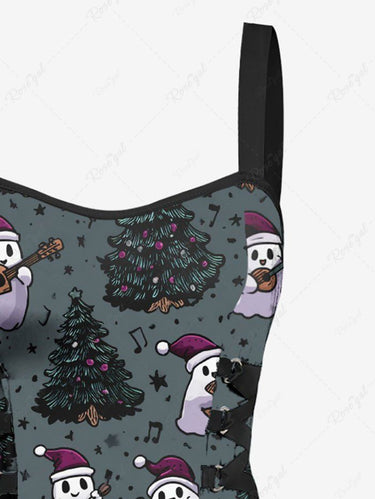 Gothic Christmas Tree Hat Ghost Guitar Print Lace Up Tank Dress