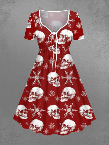 Gothic Plus Size Christmas Skulls Snowflake Print Cinched Dress
