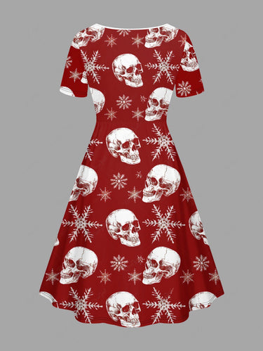 Gothic Plus Size Christmas Skulls Snowflake Print Cinched Dress