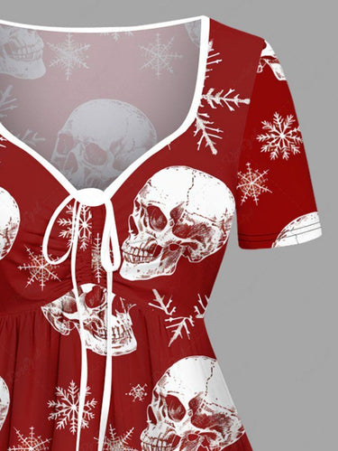 Gothic Plus Size Christmas Skulls Snowflake Print Cinched Dress