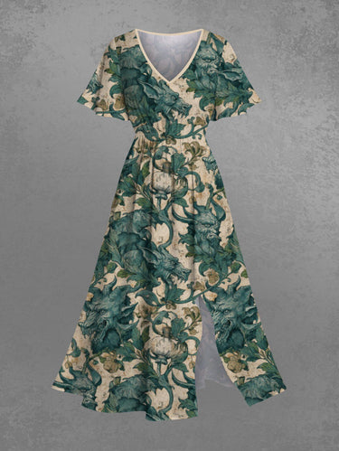 Gothic Plus Size Dragon Flowers Leaf Print Split Midi Dress
