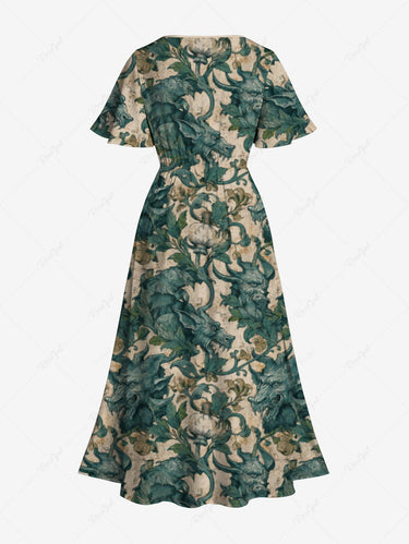 Gothic Plus Size Dragon Flowers Leaf Print Split Midi Dress
