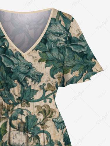 Gothic Plus Size Dragon Flowers Leaf Print Split Midi Dress