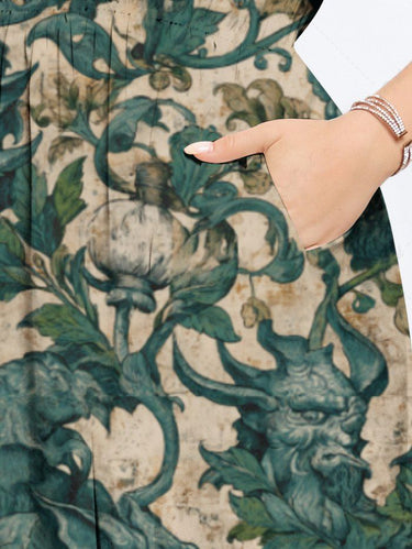 Gothic Plus Size Dragon Flowers Leaf Print Split Midi Dress