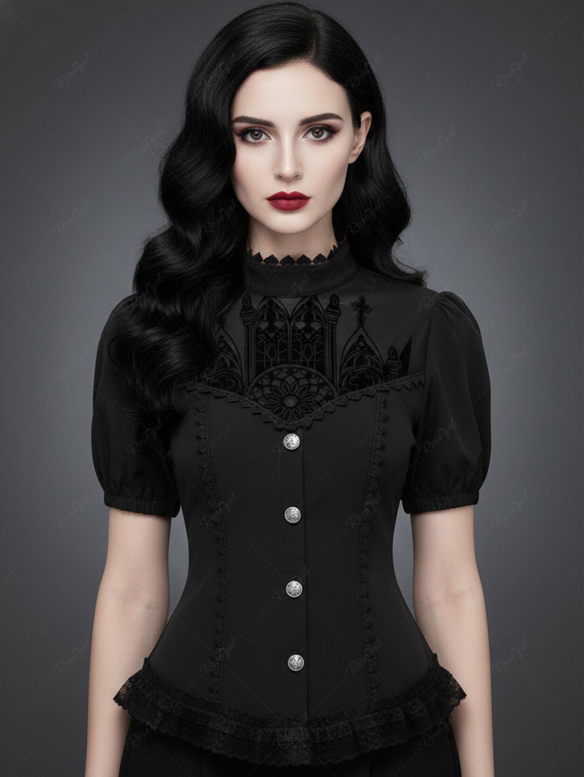 Flocking Buttons Gothic Castle Flocking Buttons Lace Trim Blouse – Rgothic