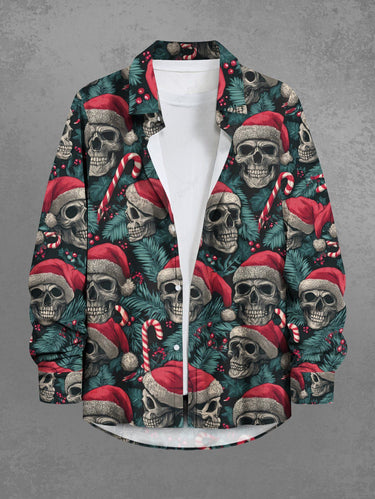 Gothic Plus Size Christmas Skull Santa Claus Holly Fruit Candy Tropical Leaf Print Buttons Pocket Shirt For Men