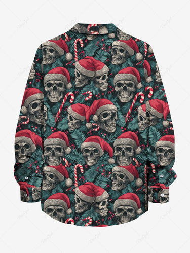 Gothic Plus Size Christmas Skull Santa Claus Holly Fruit Candy Tropical Leaf Print Buttons Pocket Shirt For Men