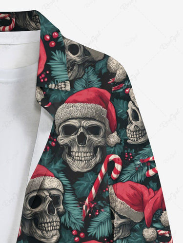 Gothic Plus Size Christmas Skull Santa Claus Holly Fruit Candy Tropical Leaf Print Buttons Pocket Shirt For Men