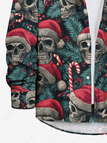Gothic Plus Size Christmas Skull Santa Claus Holly Fruit Candy Tropical Leaf Print Buttons Pocket Shirt For Men
