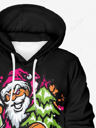 Gothic Plus Size Christmas Tree Santa Claus Gingerbread Painting Splatter Print Drawstring Pockets Hoodie For Men