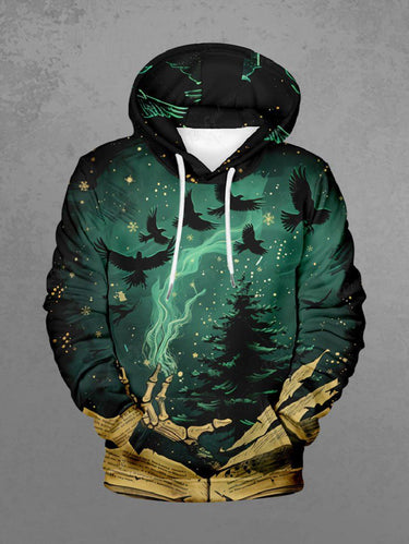 Gothic Plus Size Christmas Tree Eagle Snowflake Newspaper Print Drawstring Pockets Hoodie For Men