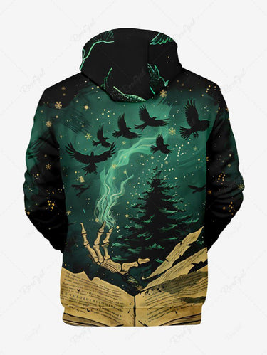 Gothic Plus Size Christmas Tree Eagle Snowflake Newspaper Print Drawstring Pockets Hoodie For Men