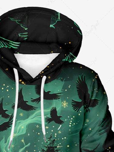 Gothic Plus Size Christmas Tree Eagle Snowflake Newspaper Print Drawstring Pockets Hoodie For Men