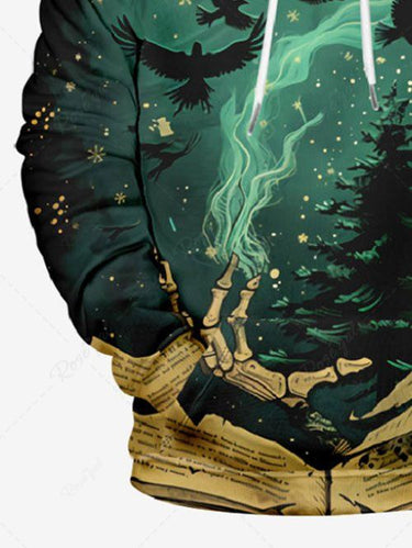 Gothic Plus Size Christmas Tree Eagle Snowflake Newspaper Print Drawstring Pockets Hoodie For Men