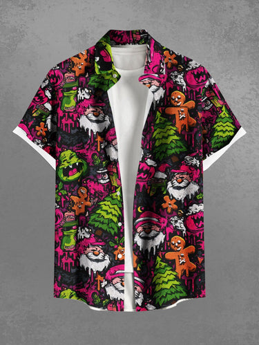 Gothic Plus Size Christmas Tree Santa Claus Gingerbread Paint Drop Print Buttons Pocket Shirt For Men