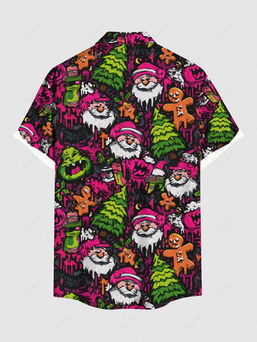 Gothic Plus Size Christmas Tree Santa Claus Gingerbread Paint Drop Print Buttons Pocket Shirt For Men