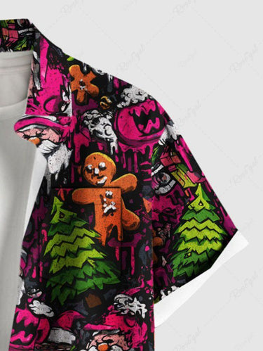 Gothic Plus Size Christmas Tree Santa Claus Gingerbread Paint Drop Print Buttons Pocket Shirt For Men