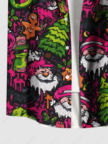 Gothic Plus Size Christmas Tree Santa Claus Gingerbread Paint Drop Print Buttons Pocket Shirt For Men