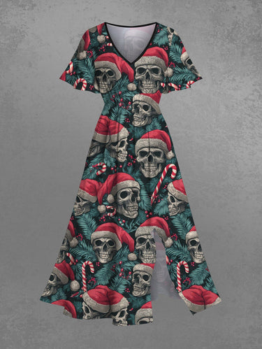 Gothic Plus Size Christmas Skull Santa Claus Holly Fruit Candy Tropical Leaf Print Split Midi Dress