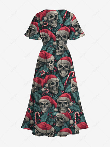 Gothic Plus Size Christmas Skull Santa Claus Holly Fruit Candy Tropical Leaf Print Split Midi Dress