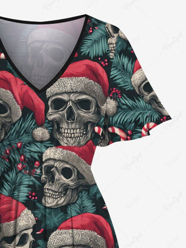 Gothic Plus Size Christmas Skull Santa Claus Holly Fruit Candy Tropical Leaf Print Split Midi Dress
