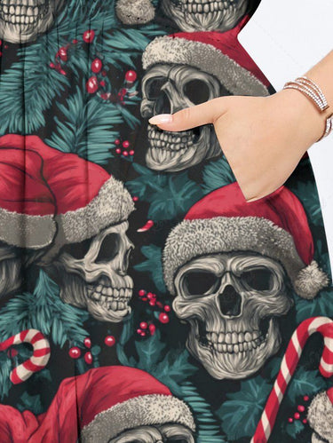 Gothic Plus Size Christmas Skull Santa Claus Holly Fruit Candy Tropical Leaf Print Split Midi Dress