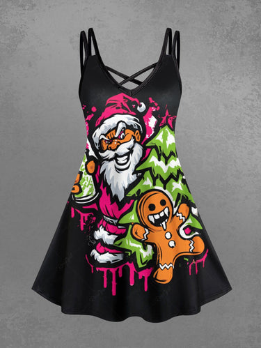 Gothic Plus Size Christmas Tree Santa Claus Gingerbread Painting Splatter Print Crisscross Cami Dress