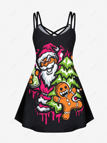 Gothic Plus Size Christmas Tree Santa Claus Gingerbread Painting Splatter Print Crisscross Cami Dress