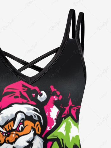 Gothic Plus Size Christmas Tree Santa Claus Gingerbread Painting Splatter Print Crisscross Cami Dress