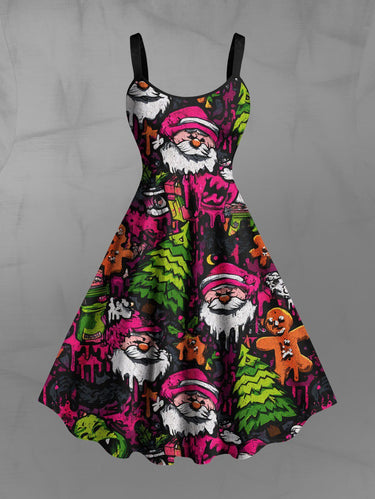 Gothic Plus Size Christmas Tree Santa Claus Gingerbread Paint Drop Print Tank Dress