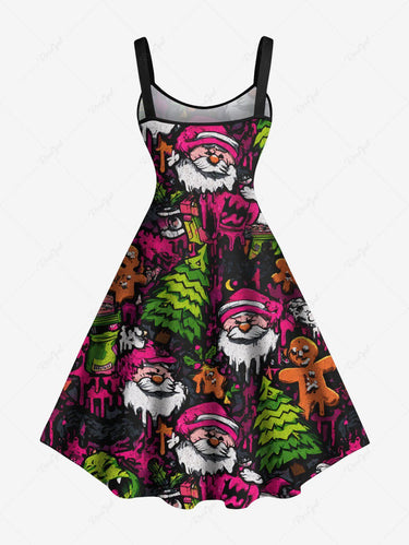 Gothic Plus Size Christmas Tree Santa Claus Gingerbread Paint Drop Print Tank Dress