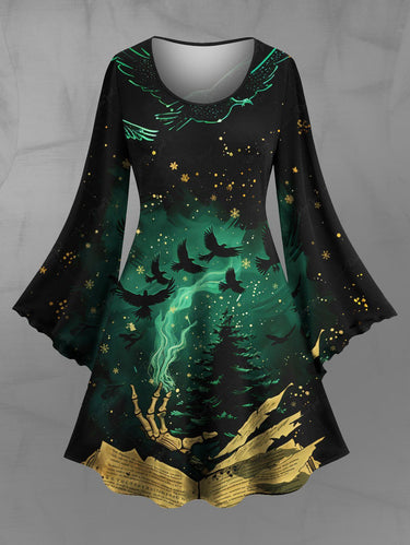 Gothic Plus Size Christmas Tree Eagle Snowflake Newspaper Print Flare Sleeves Dress