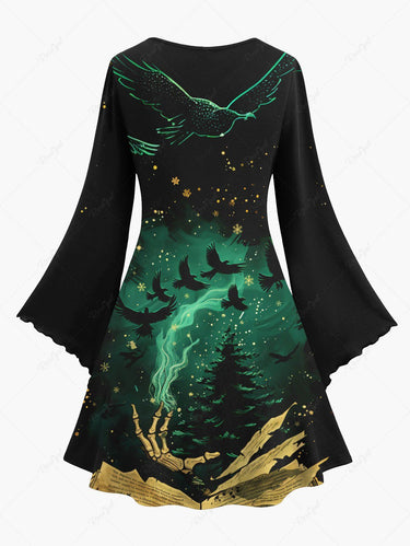 Gothic Plus Size Christmas Tree Eagle Snowflake Newspaper Print Flare Sleeves Dress