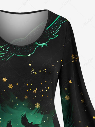 Gothic Plus Size Christmas Tree Eagle Snowflake Newspaper Print Flare Sleeves Dress