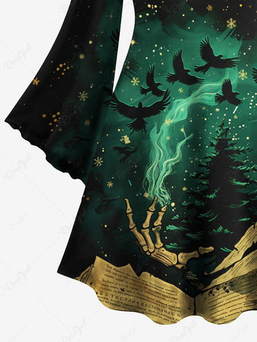 Gothic Plus Size Christmas Tree Eagle Snowflake Newspaper Print Flare Sleeves Dress