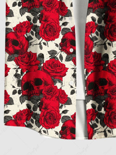 Gothic Plus Size Rose Flower Leaf Skulls Print Buttons Pocket Shirt For Men
